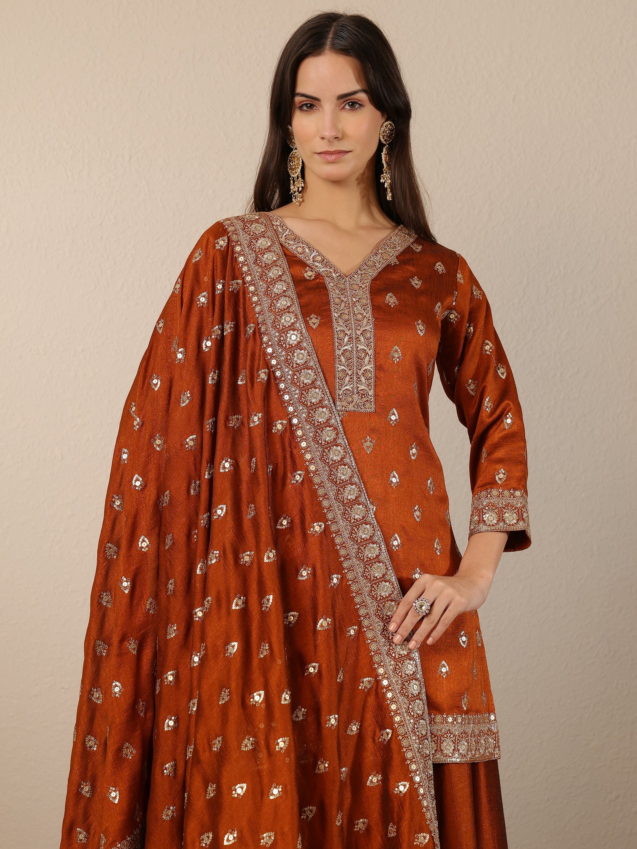 Libas Brown Embroidered Silk Blend Straight Suit Set With Dupatta
