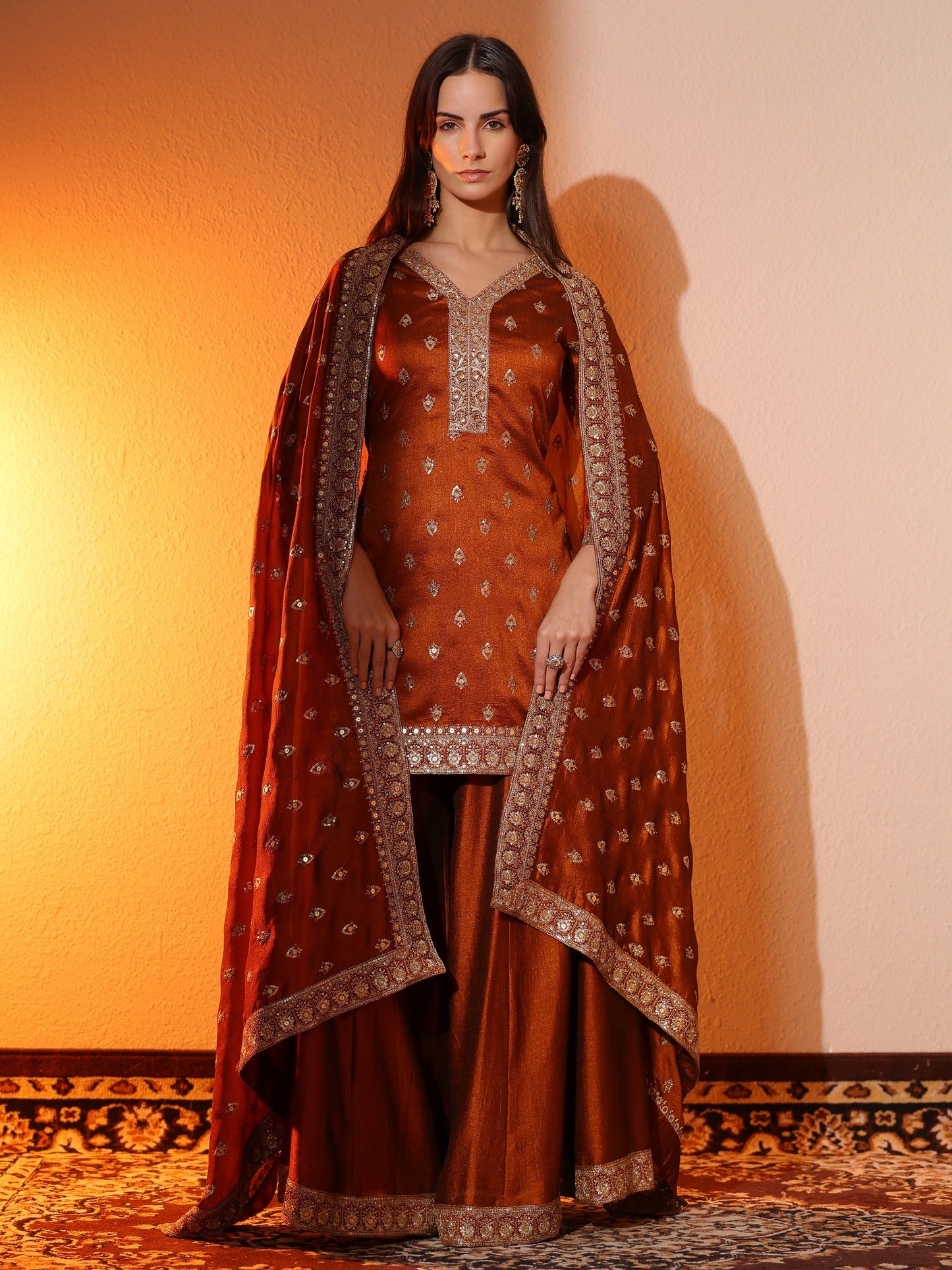 Libas Brown Embroidered Silk Blend Straight Suit Set With Dupatta