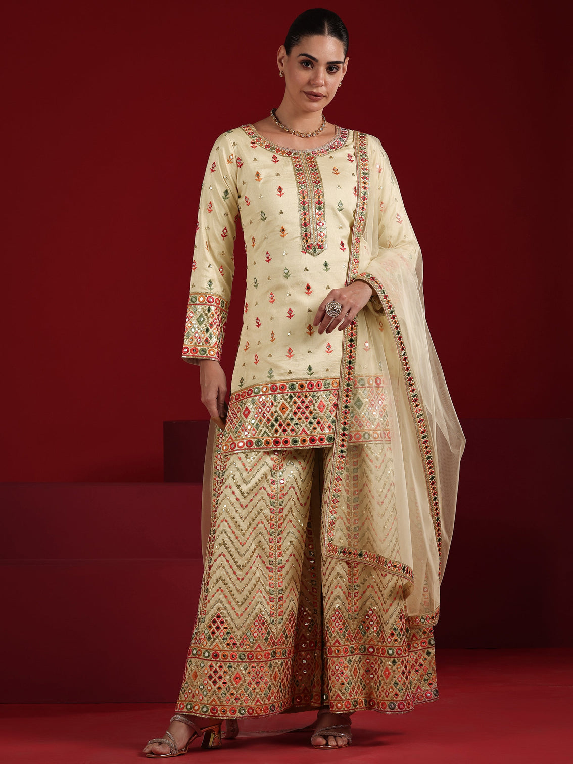 Mameraa Cream Embroidered Silk Blend Straight Suit Set With Dupatta