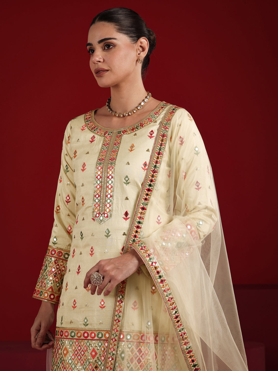 Mameraa Cream Embroidered Silk Blend Straight Suit Set With Dupatta