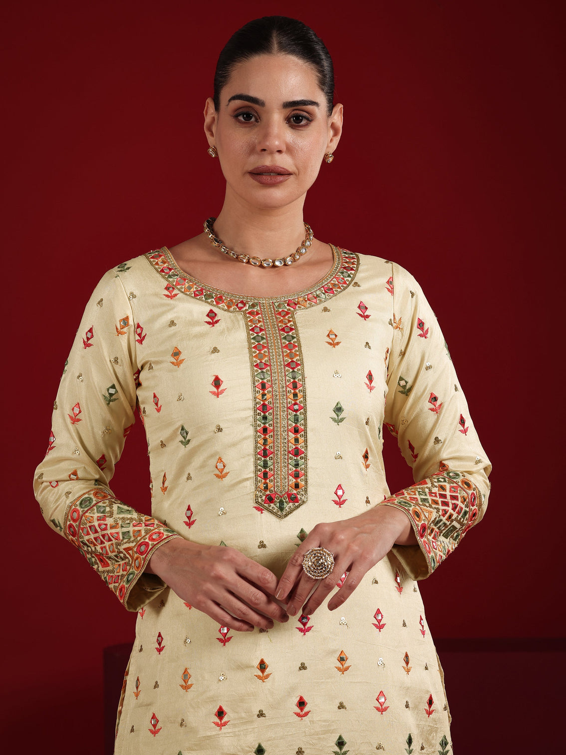 Mameraa Cream Embroidered Silk Blend Straight Suit Set With Dupatta
