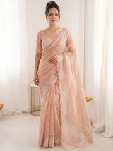 Peach Pure Raspberry Crush Silk Saree with Lucknowi Embroidery