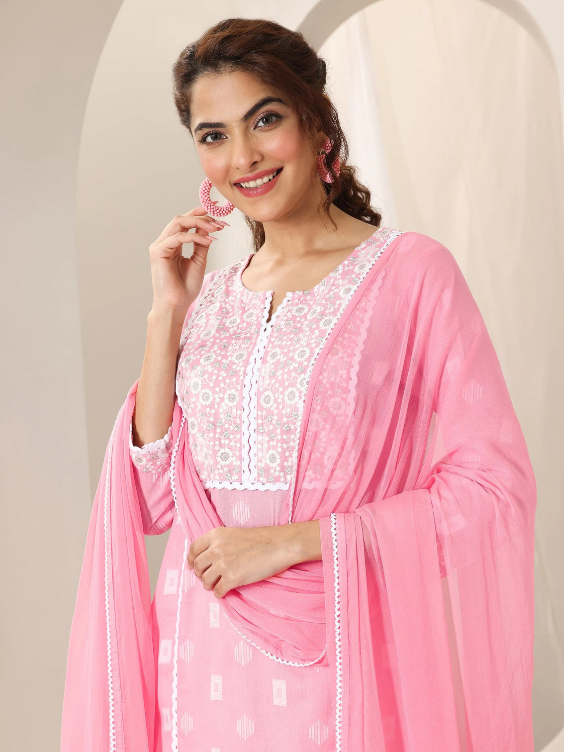 Mameraa Pink Embroidered Cotton Straight Suit Set With Dupatta