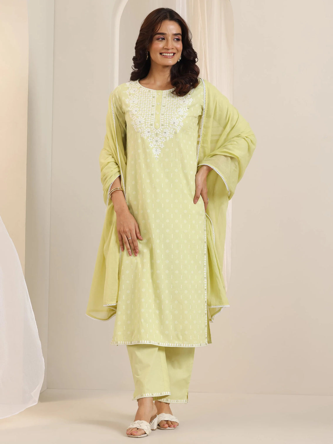 Mameraa Lime Green Embroidered Cotton Straight Suit Set With Dupatta