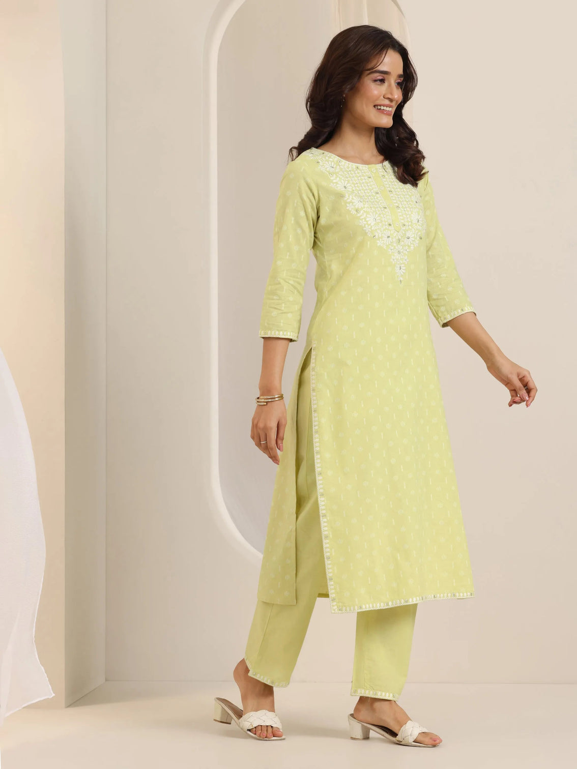 Mameraa Lime Green Embroidered Cotton Straight Suit Set With Dupatta