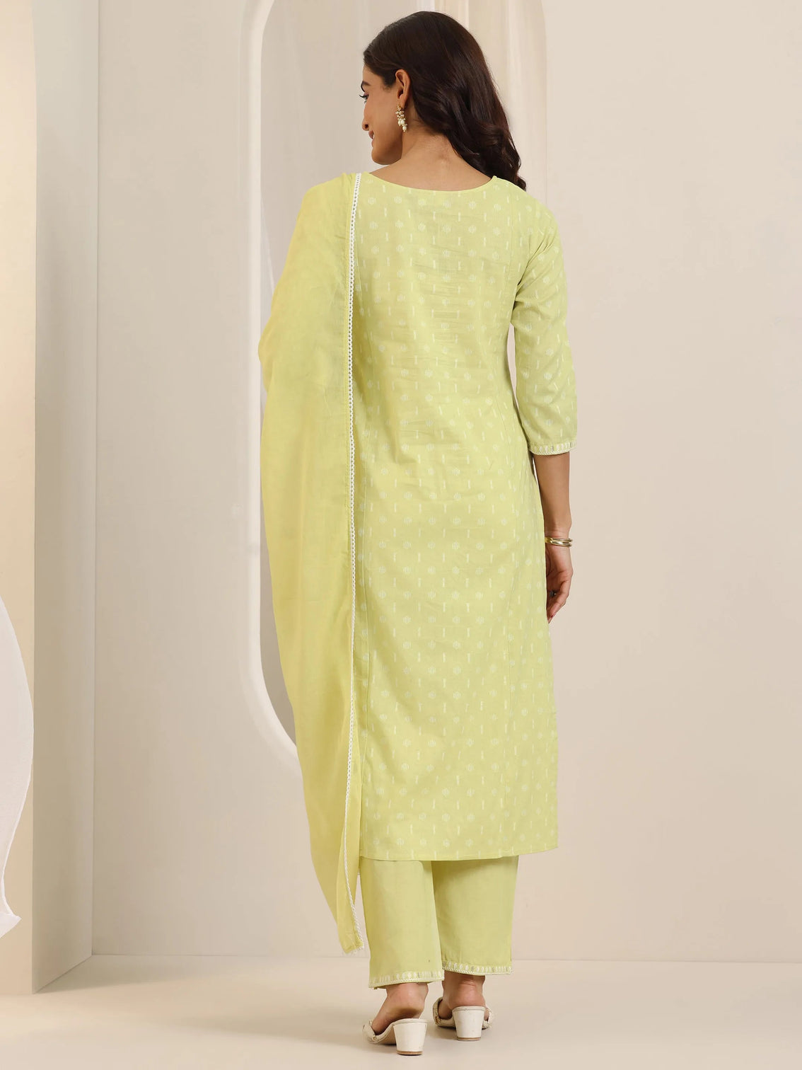 Mameraa Lime Green Embroidered Cotton Straight Suit Set With Dupatta