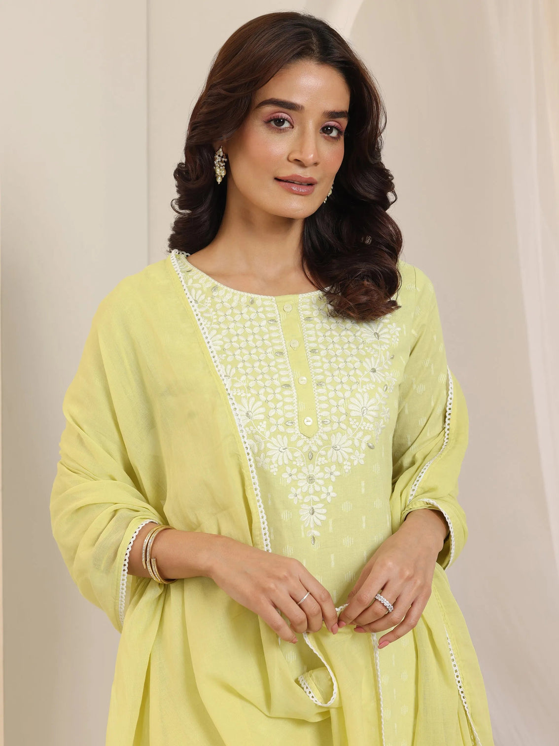 Mameraa Lime Green Embroidered Cotton Straight Suit Set With Dupatta