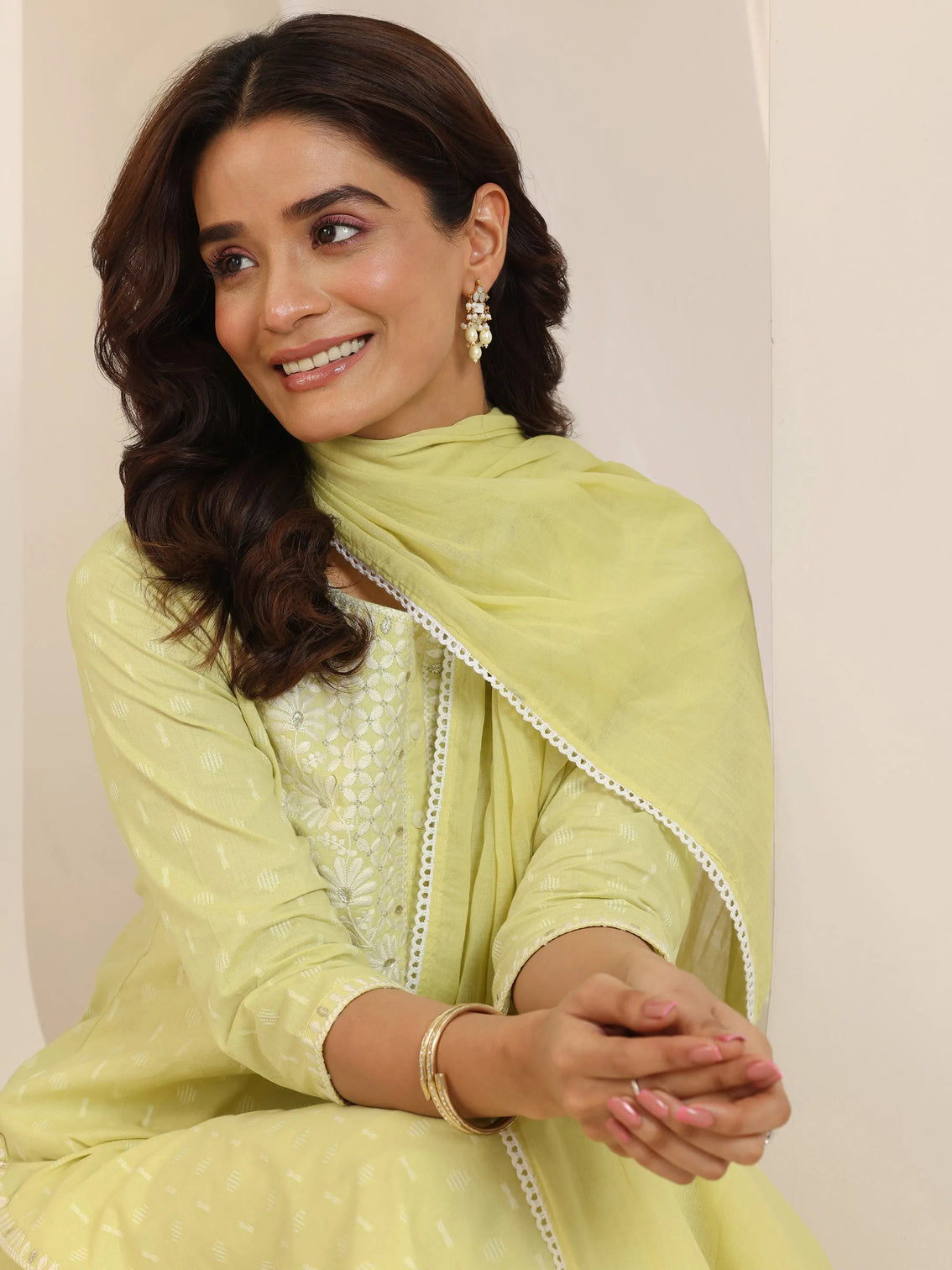 Mameraa Lime Green Embroidered Cotton Straight Suit Set With Dupatta
