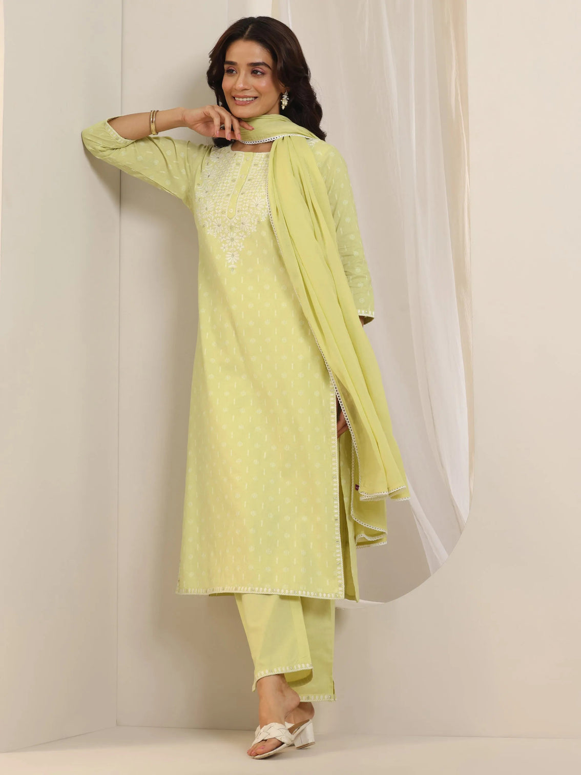 Mameraa Lime Green Embroidered Cotton Straight Suit Set With Dupatta