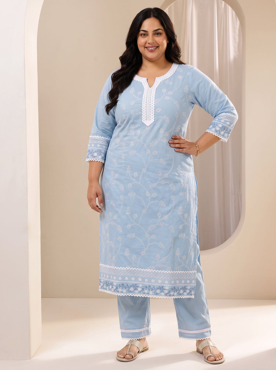 Plus Size Blue Embroidered Cotton Straight Suit Sets With Dupatta