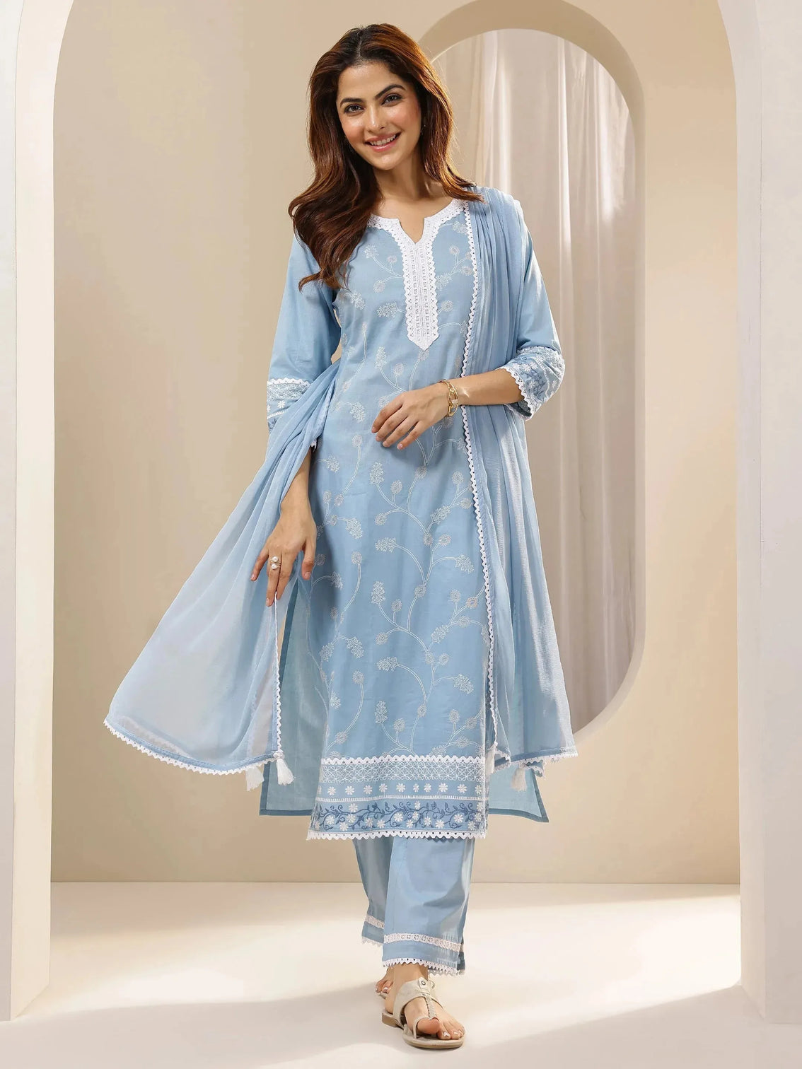 Mameraa Blue Embroidered Cotton Straight Suit Sets With Dupatta
