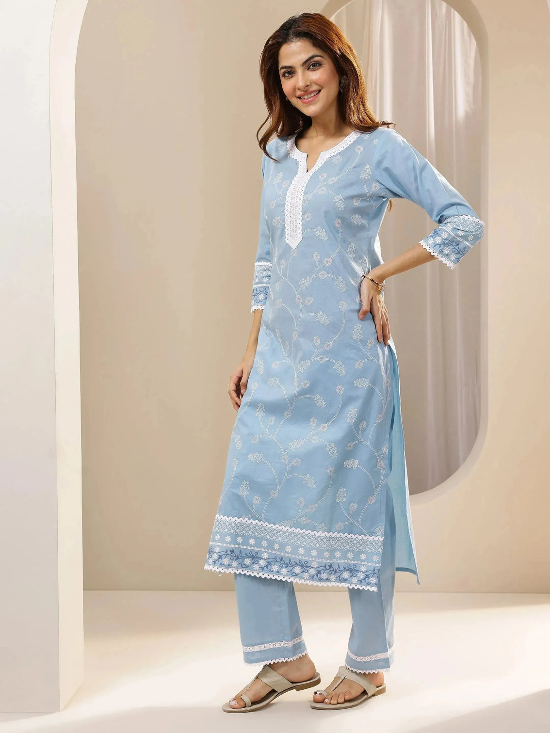 Mameraa Blue Embroidered Cotton Straight Suit Sets With Dupatta