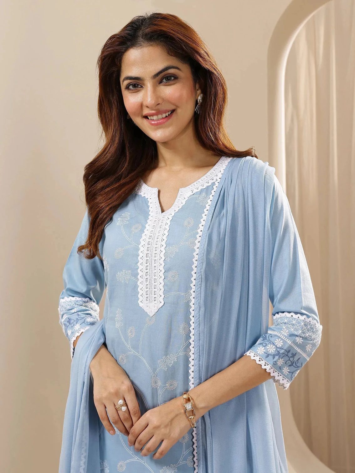 Mameraa Blue Embroidered Cotton Straight Suit Sets With Dupatta