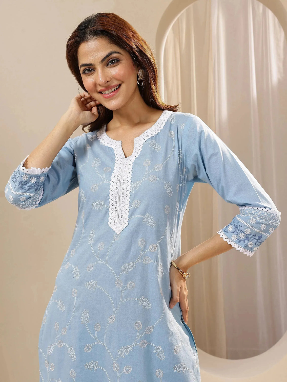 Mameraa Blue Embroidered Cotton Straight Suit Sets With Dupatta