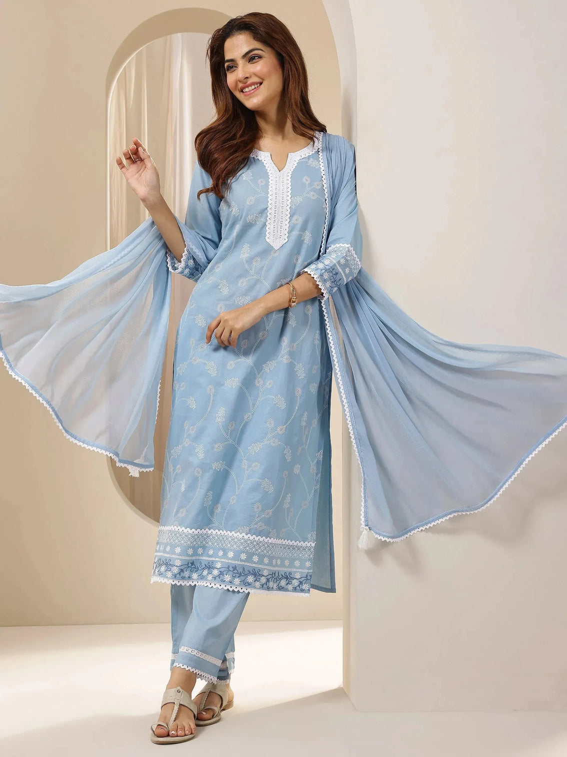 Mameraa Blue Embroidered Cotton Straight Suit Sets With Dupatta