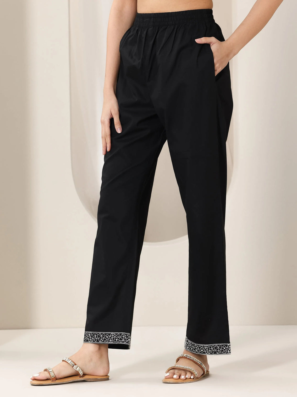 Mameraa Black Embroidered Cotton Straight Suit Set With Dupatta