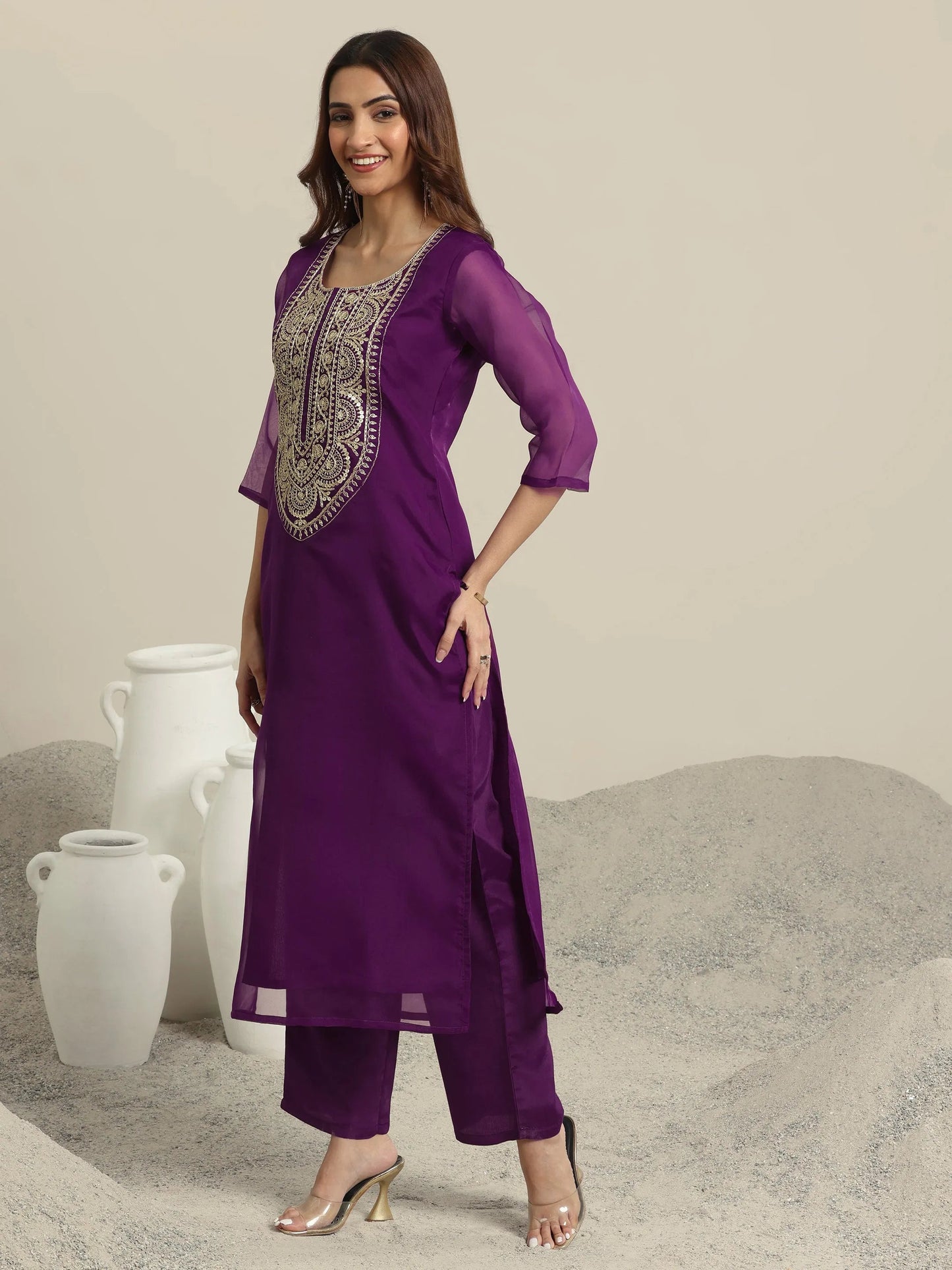 Libas Burgundy Yoke Design Organza Straight Suit Set With Dupatta