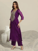 Libas Burgundy Yoke Design Organza Straight Suit Set With Dupatta