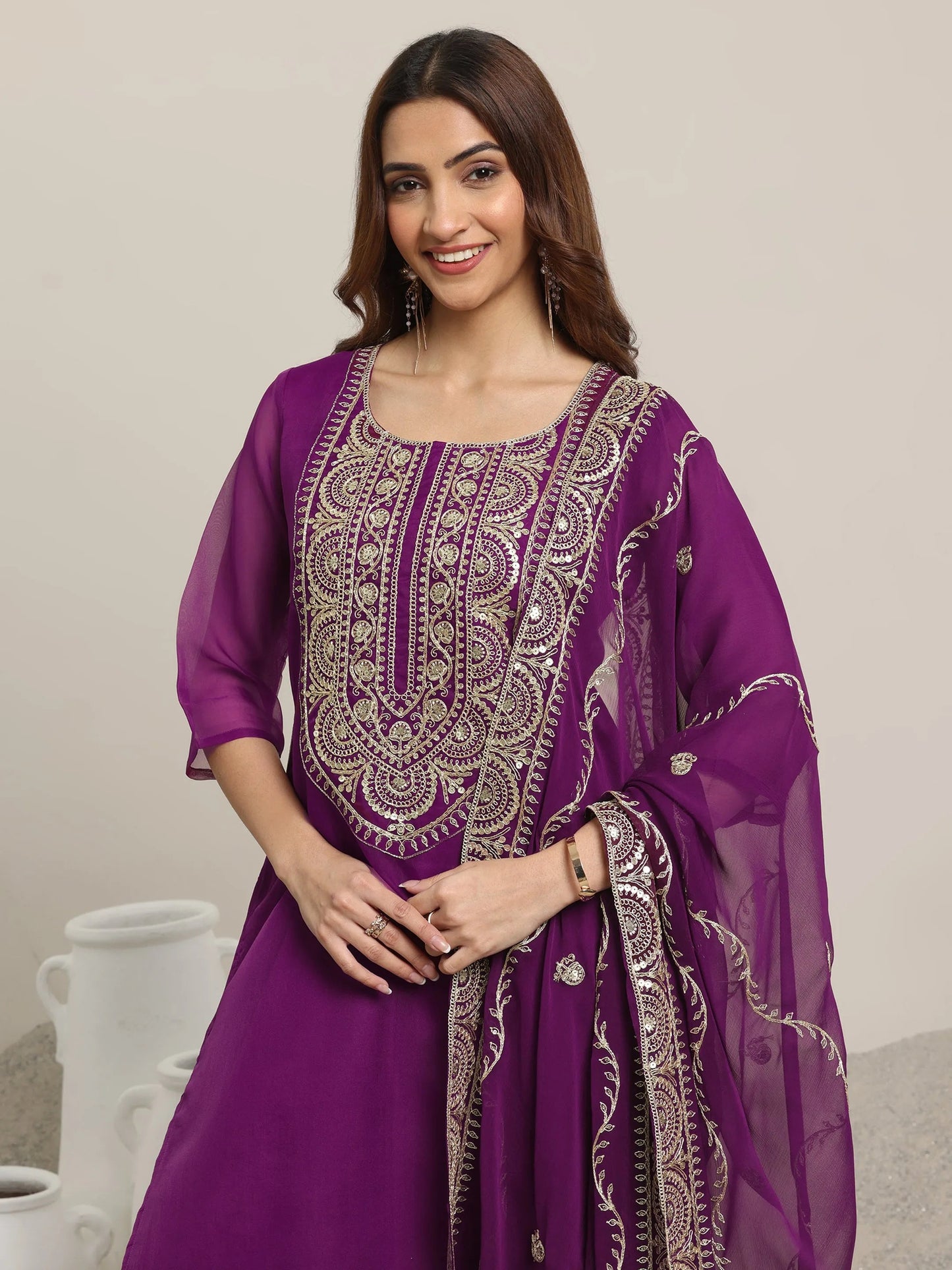 Libas Burgundy Yoke Design Organza Straight Suit Set With Dupatta