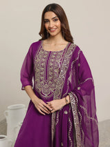 Libas Burgundy Yoke Design Organza Straight Suit Set With Dupatta