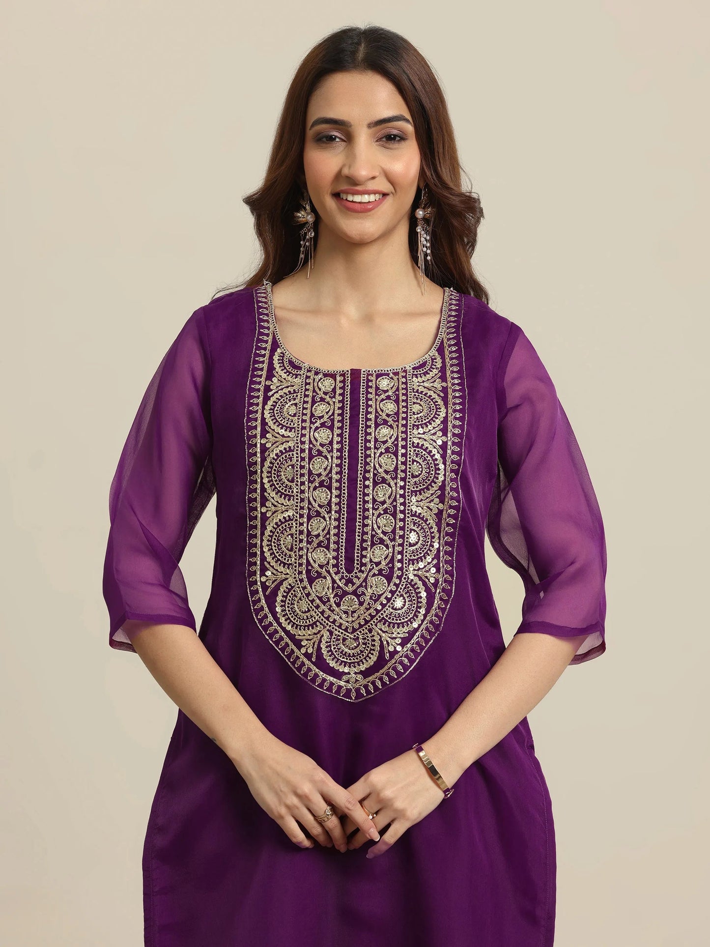 Libas Burgundy Yoke Design Organza Straight Suit Set With Dupatta