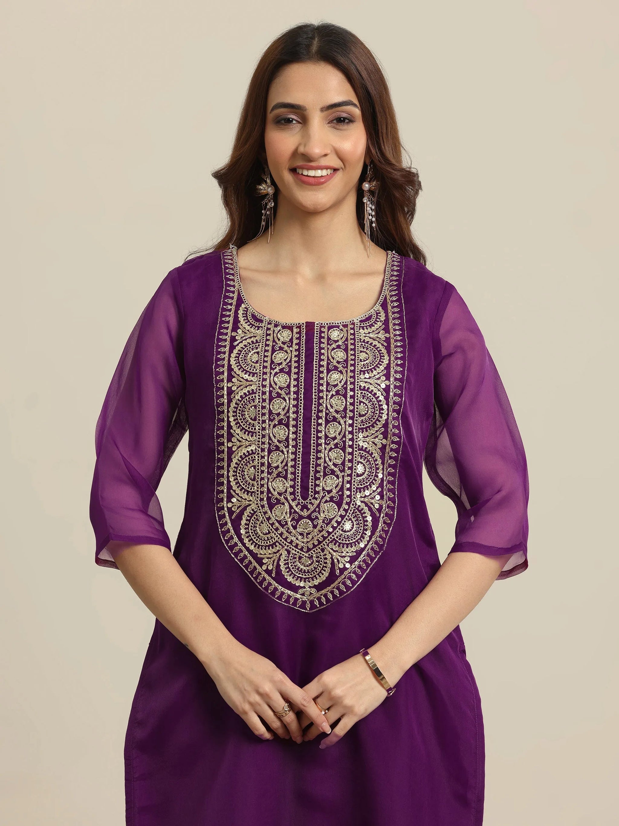 Libas Burgundy Yoke Design Organza Straight Suit Set With Dupatta