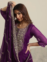 Libas Burgundy Yoke Design Organza Straight Suit Set With Dupatta