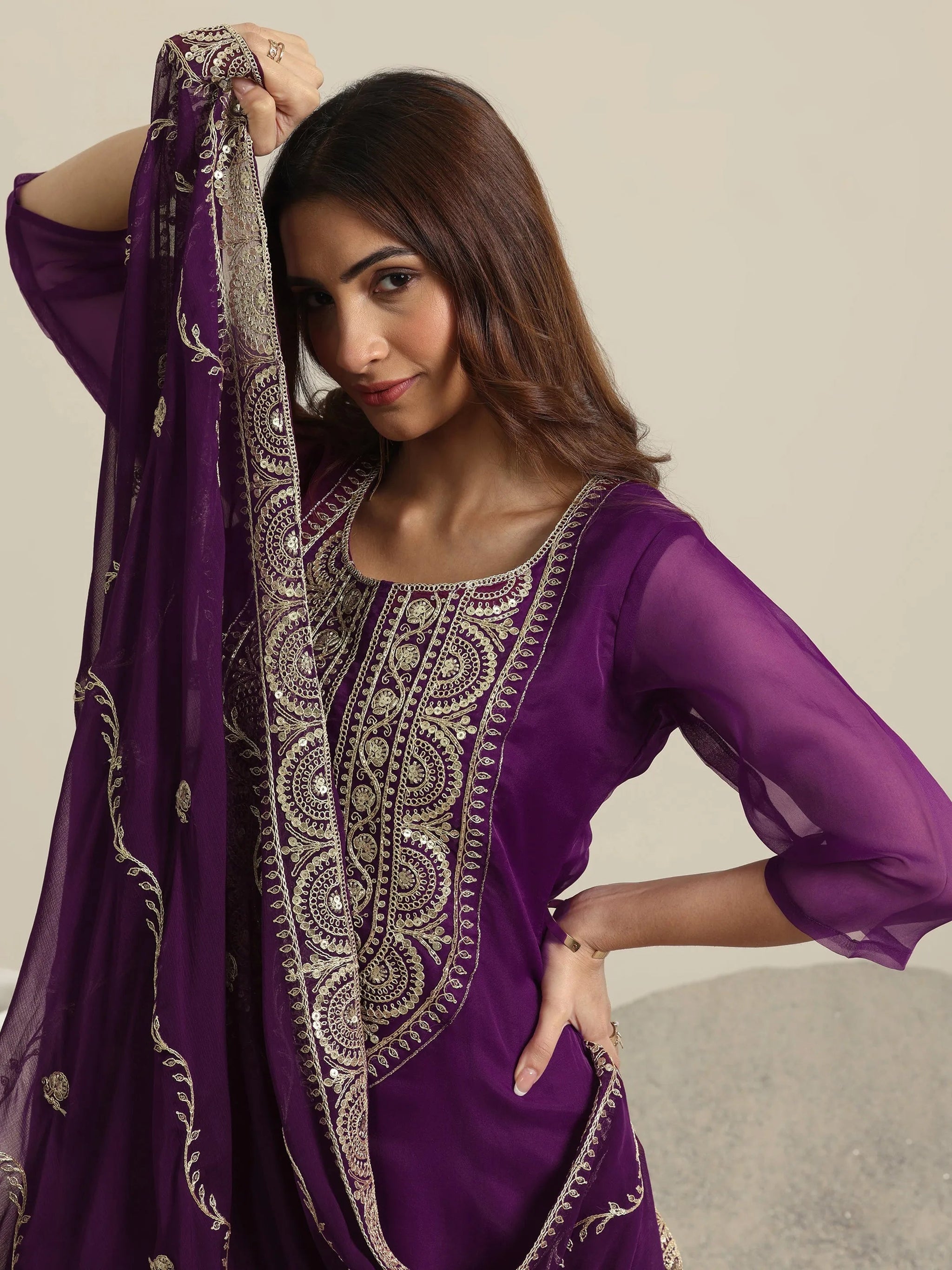 Libas Burgundy Yoke Design Organza Straight Suit Set With Dupatta