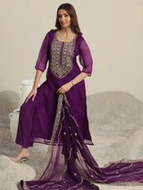Libas Burgundy Yoke Design Organza Straight Suit Set With Dupatta