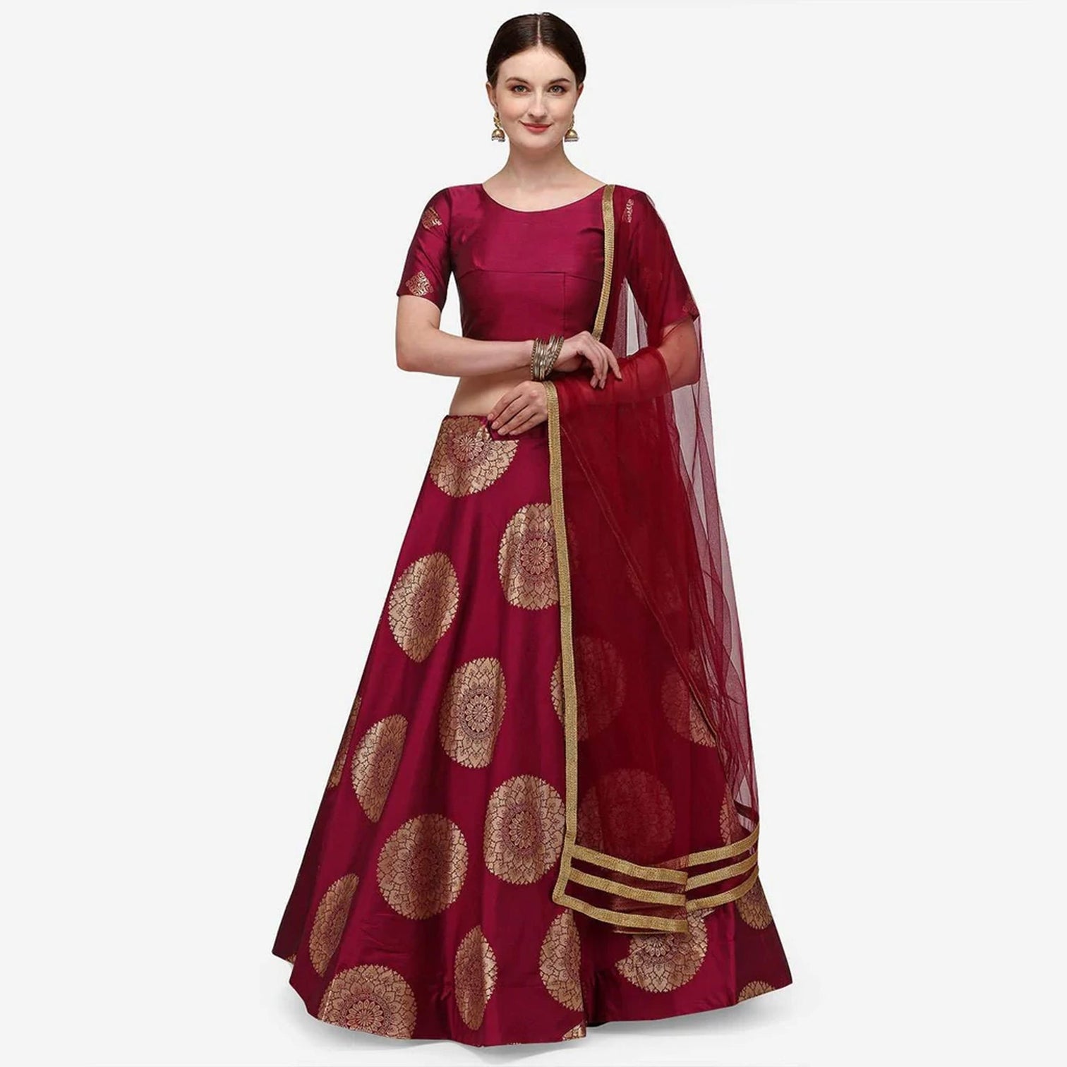 Maroon Color Banarasi Silk Lehenga Choli with Net Dupatta