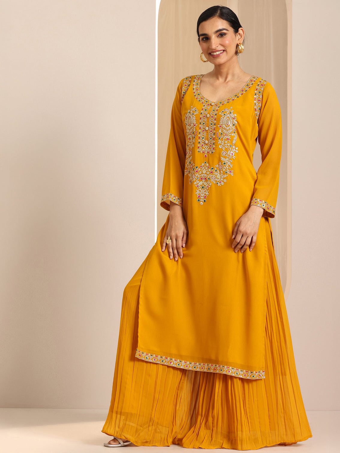 Mameraa Mustard Embroidered Georgette Straight Suit Set With Dupatta