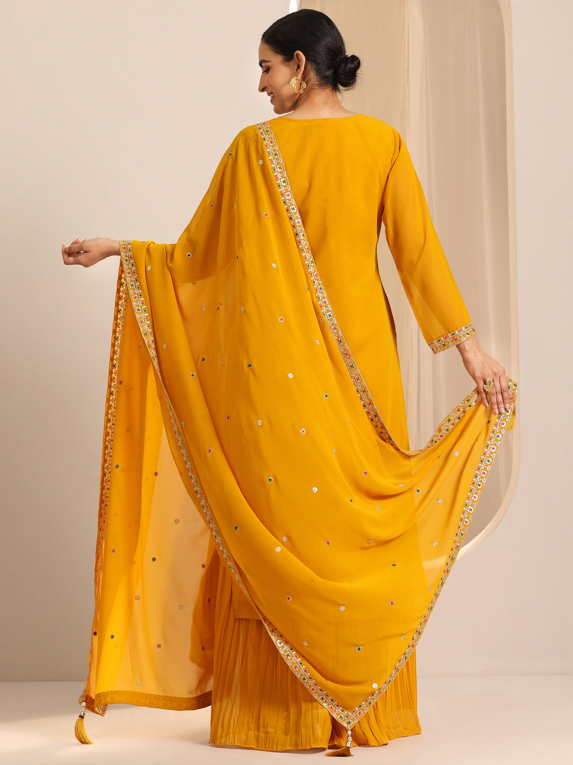 Mameraa Mustard Embroidered Georgette Straight Suit Set With Dupatta