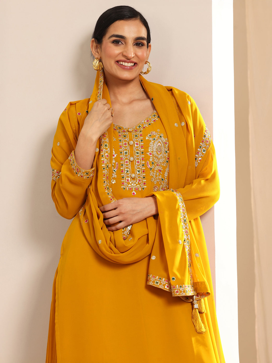 Mameraa Mustard Embroidered Georgette Straight Suit Set With Dupatta