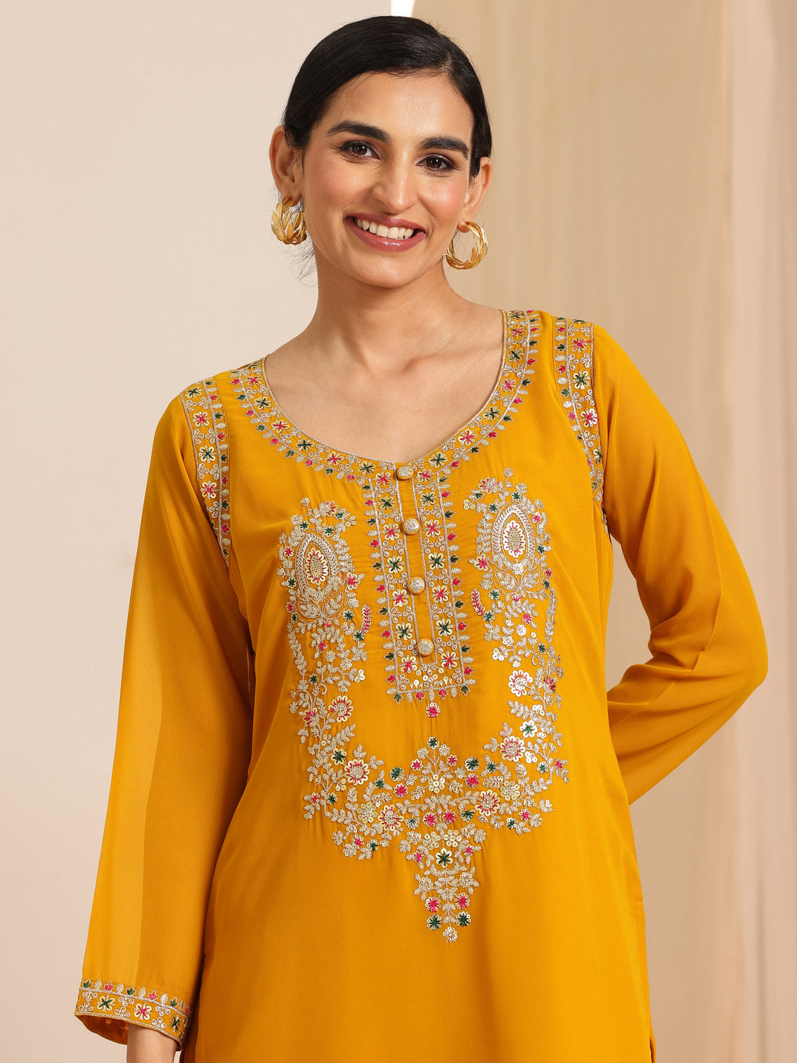 Mameraa Mustard Embroidered Georgette Straight Suit Set With Dupatta