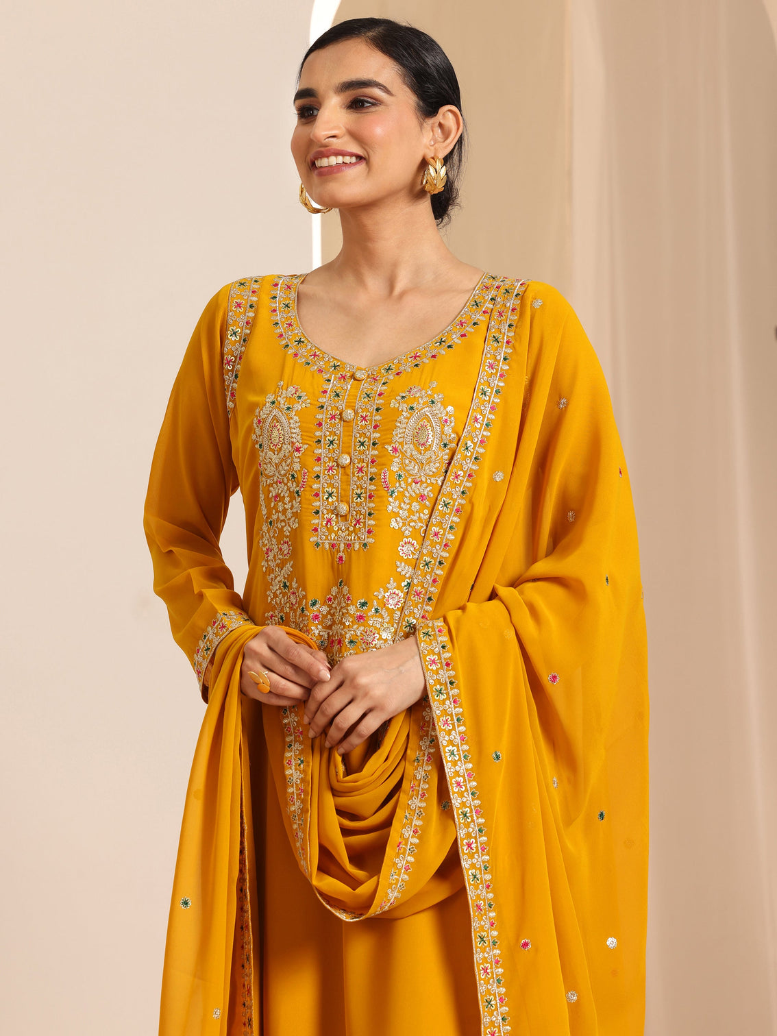 Mameraa Mustard Embroidered Georgette Straight Suit Set With Dupatta