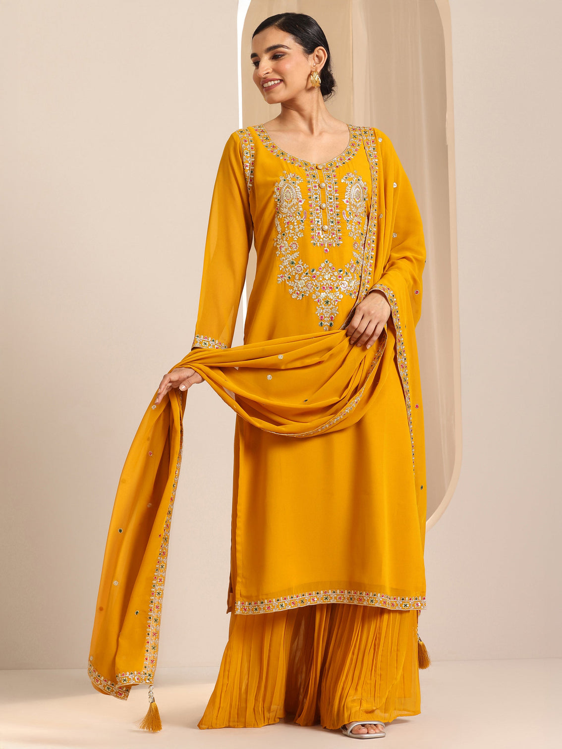Mameraa Mustard Embroidered Georgette Straight Suit Set With Dupatta
