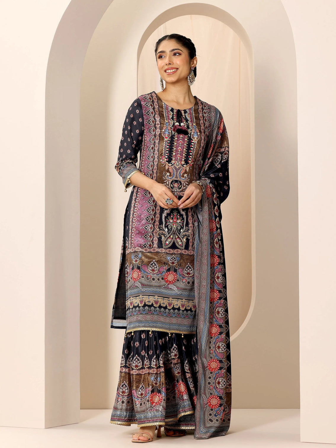 Mameraa Multi Printed Chinon Straight Suit Set With Dupatta