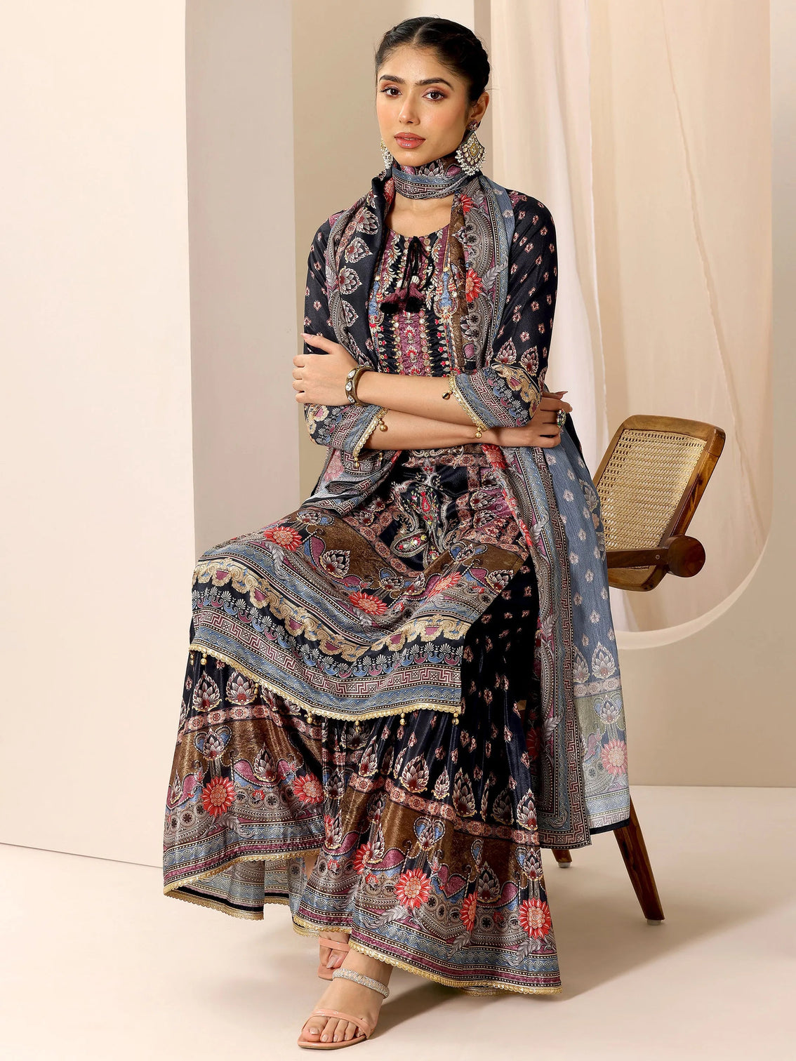 Mameraa Multi Printed Chinon Straight Suit Set With Dupatta
