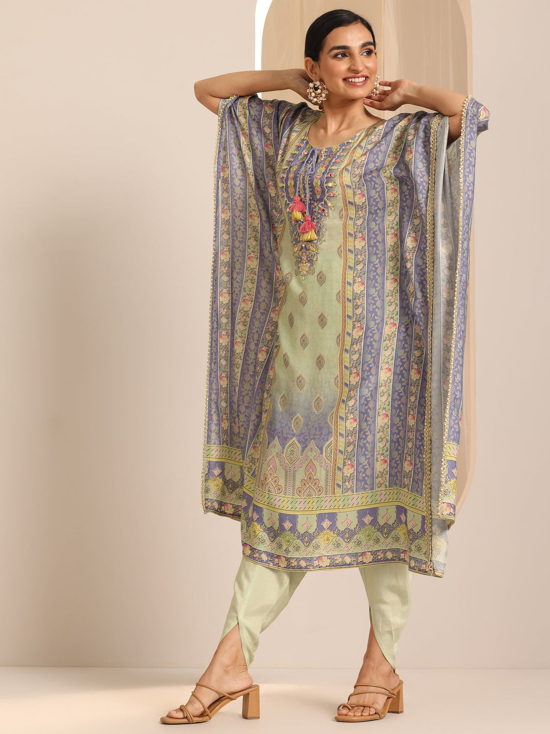Mameraa Multi Printed Cotton Blend A-Line Kurta Set