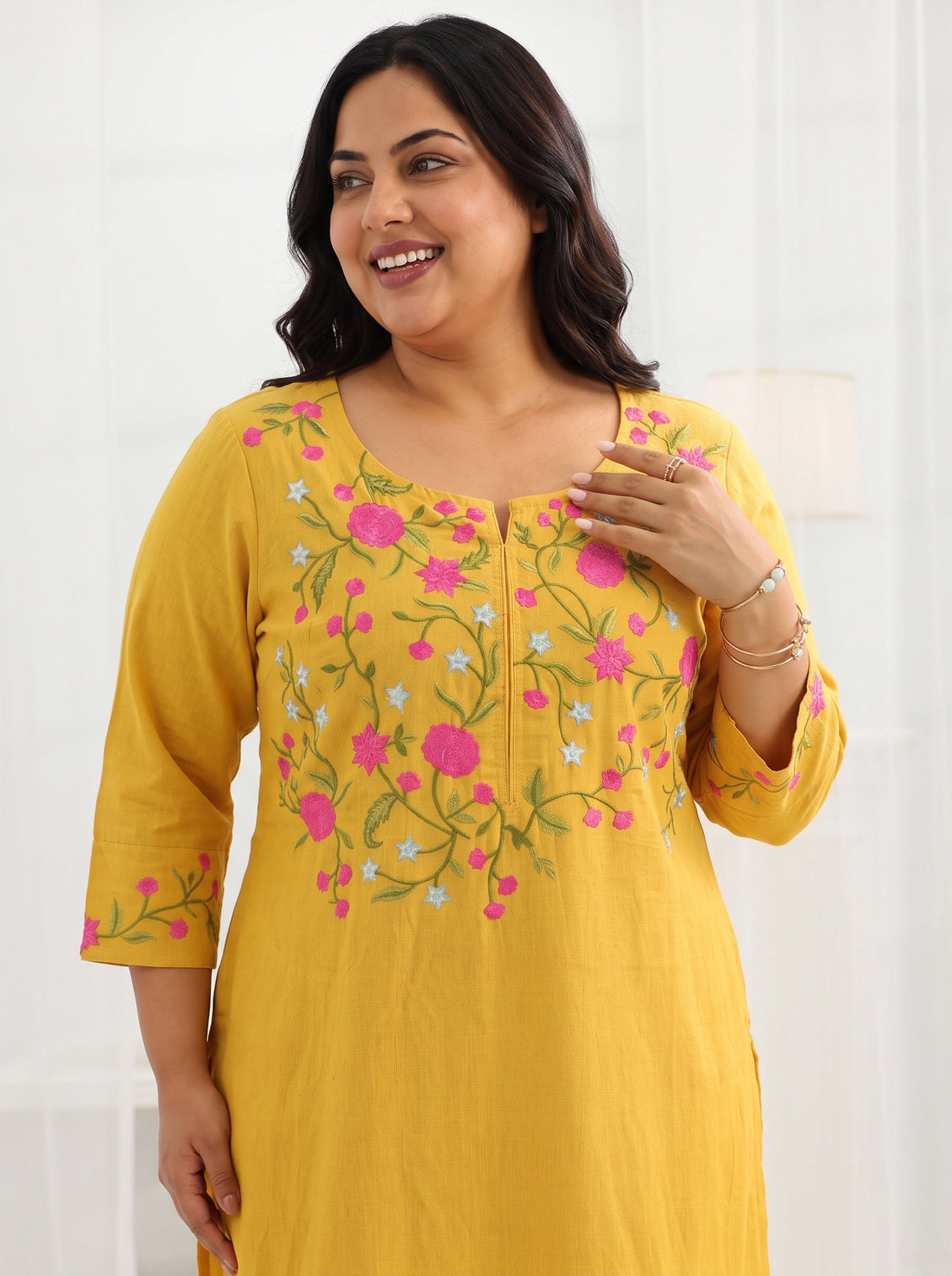 Plus Size Mustard Yoke Design Cotton Straight Suit Set With Dupatta
