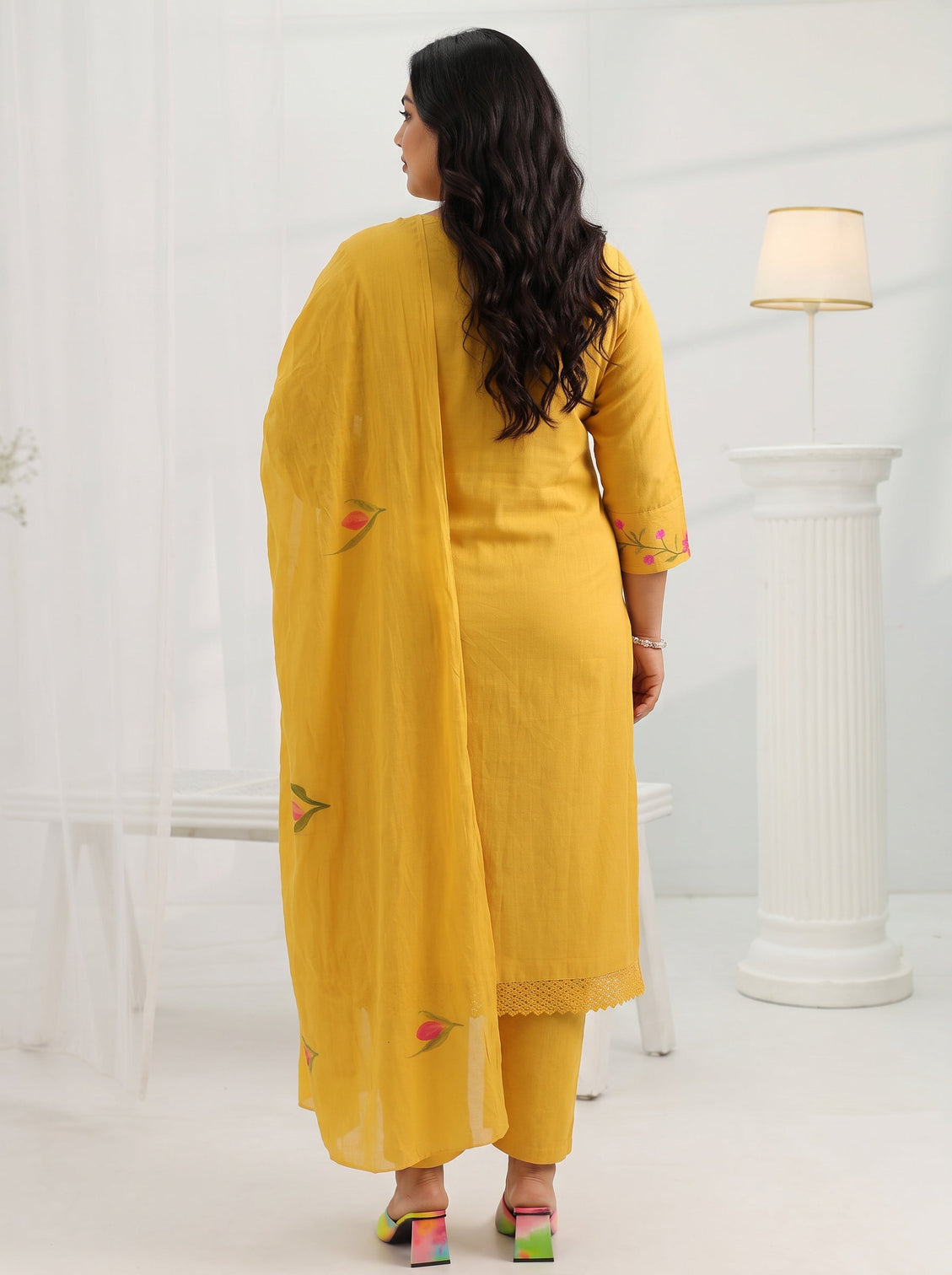 Plus Size Mustard Yoke Design Cotton Straight Suit Set With Dupatta