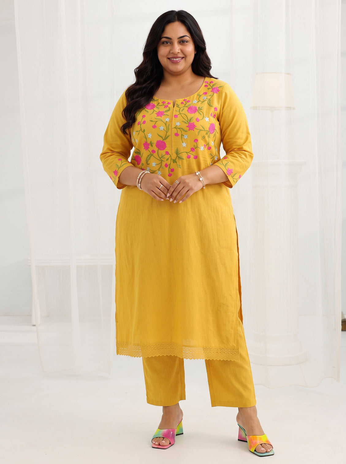 Plus Size Mustard Yoke Design Cotton Straight Suit Set With Dupatta