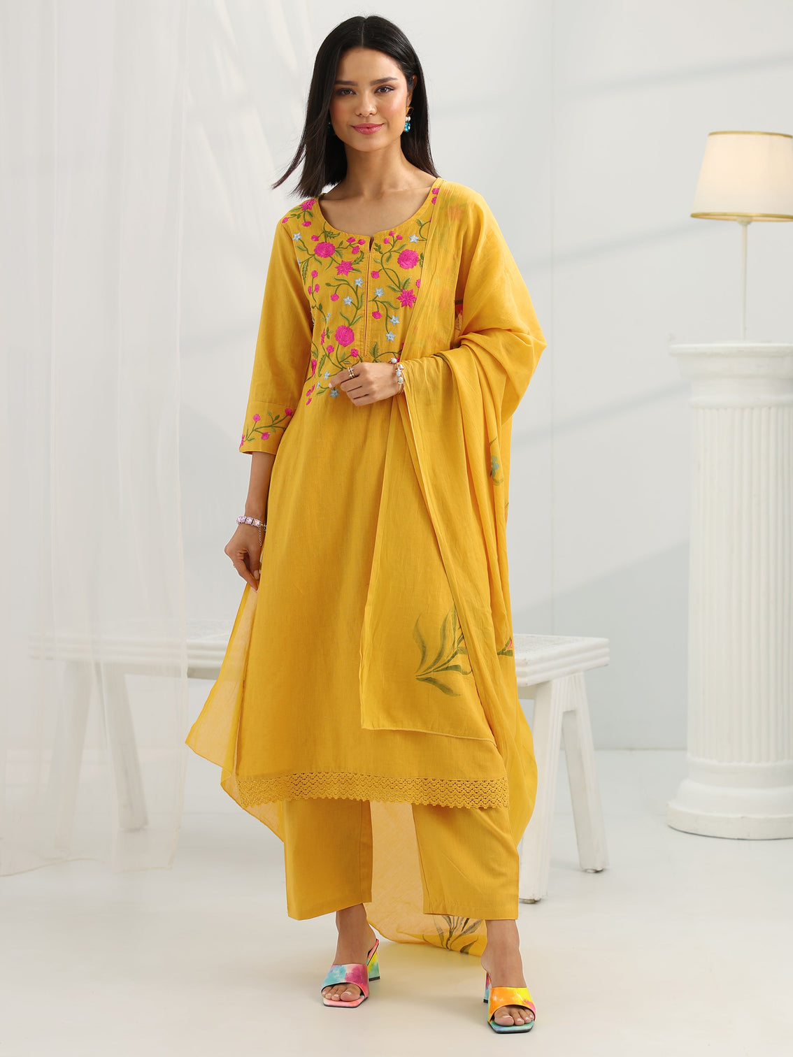 Mameraa Mustard Yoke Design Cotton Straight Suit Set With Dupatta