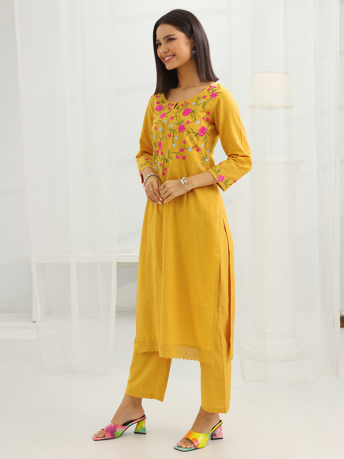 Mameraa Mustard Yoke Design Cotton Straight Suit Set With Dupatta