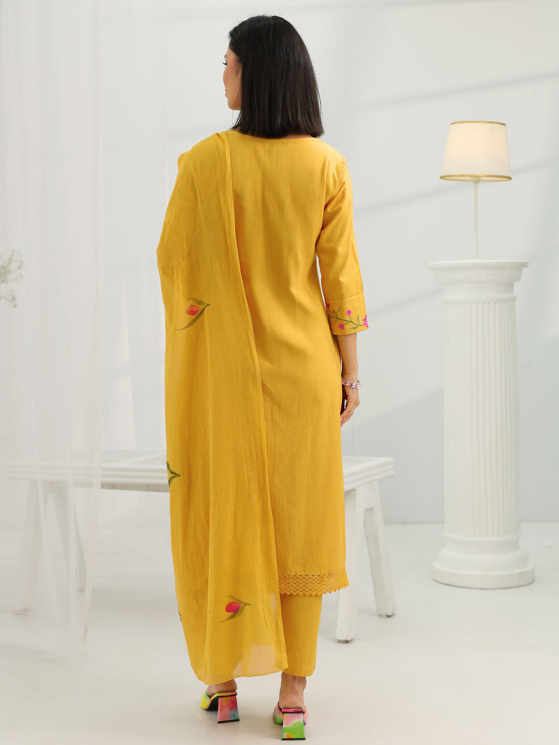 Mameraa Mustard Yoke Design Cotton Straight Suit Set With Dupatta