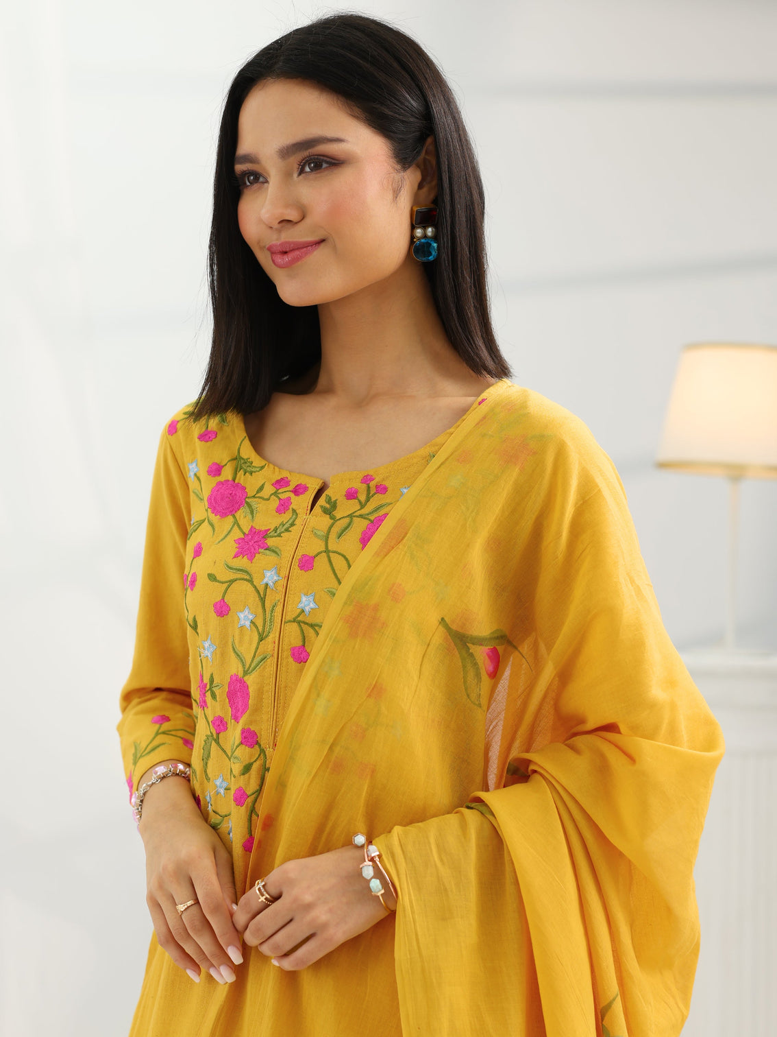 Mameraa Mustard Yoke Design Cotton Straight Suit Set With Dupatta