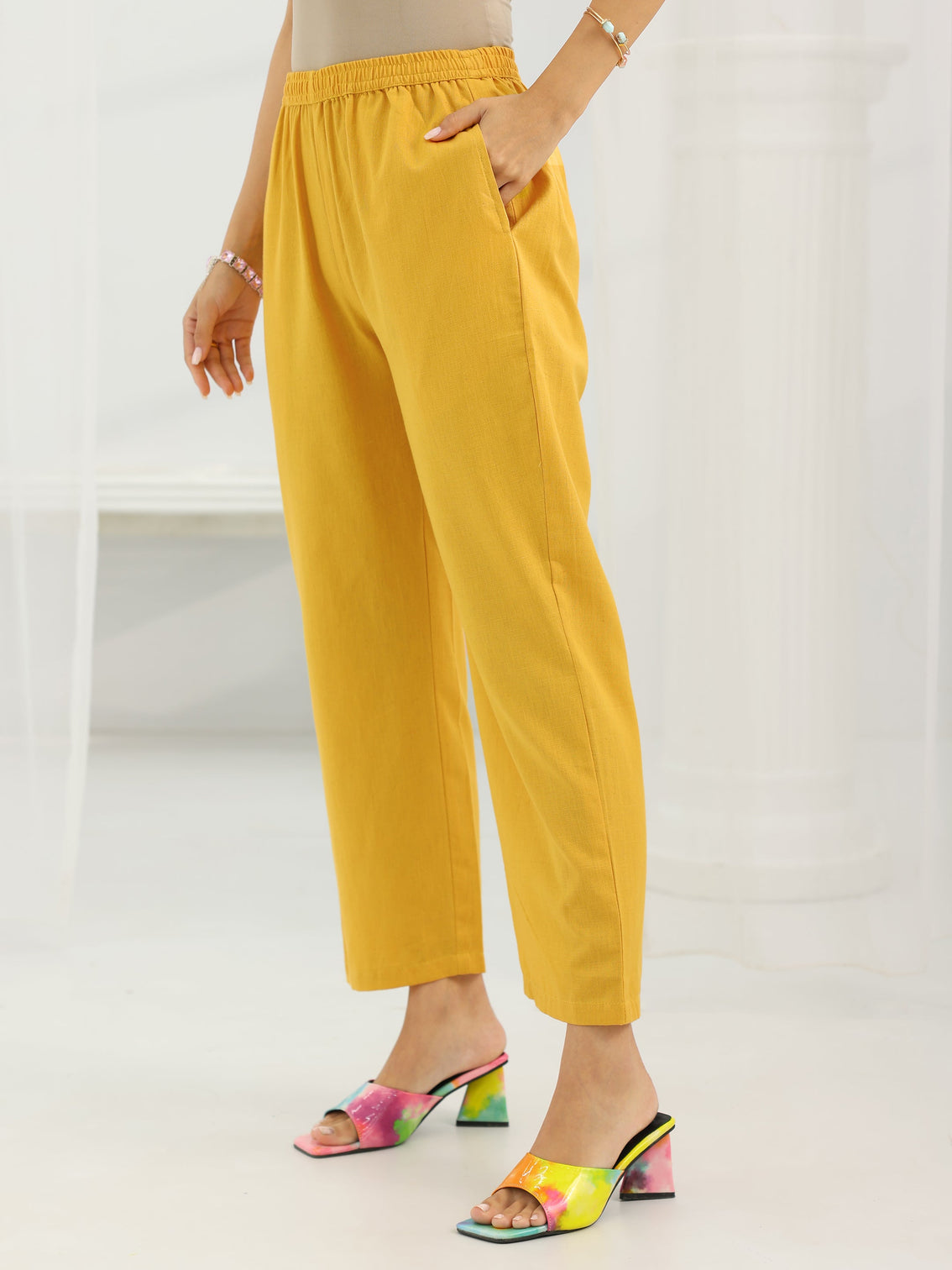 Mameraa Mustard Yoke Design Cotton Straight Suit Set With Dupatta