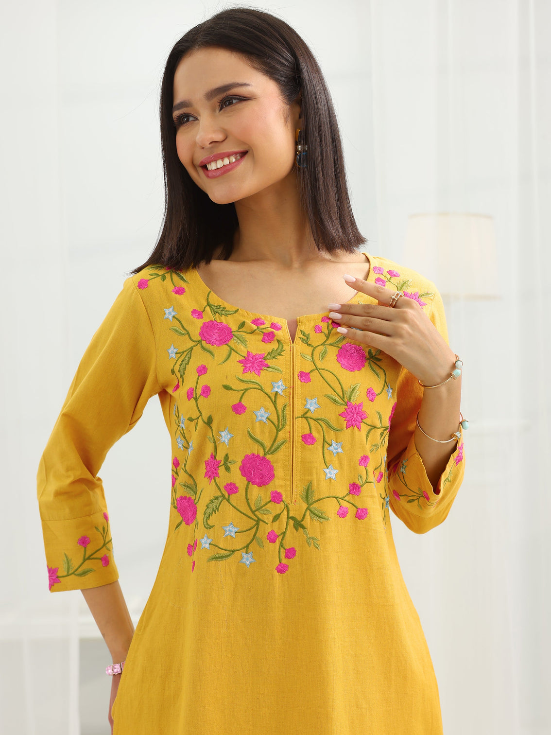 Mameraa Mustard Yoke Design Cotton Straight Suit Set With Dupatta