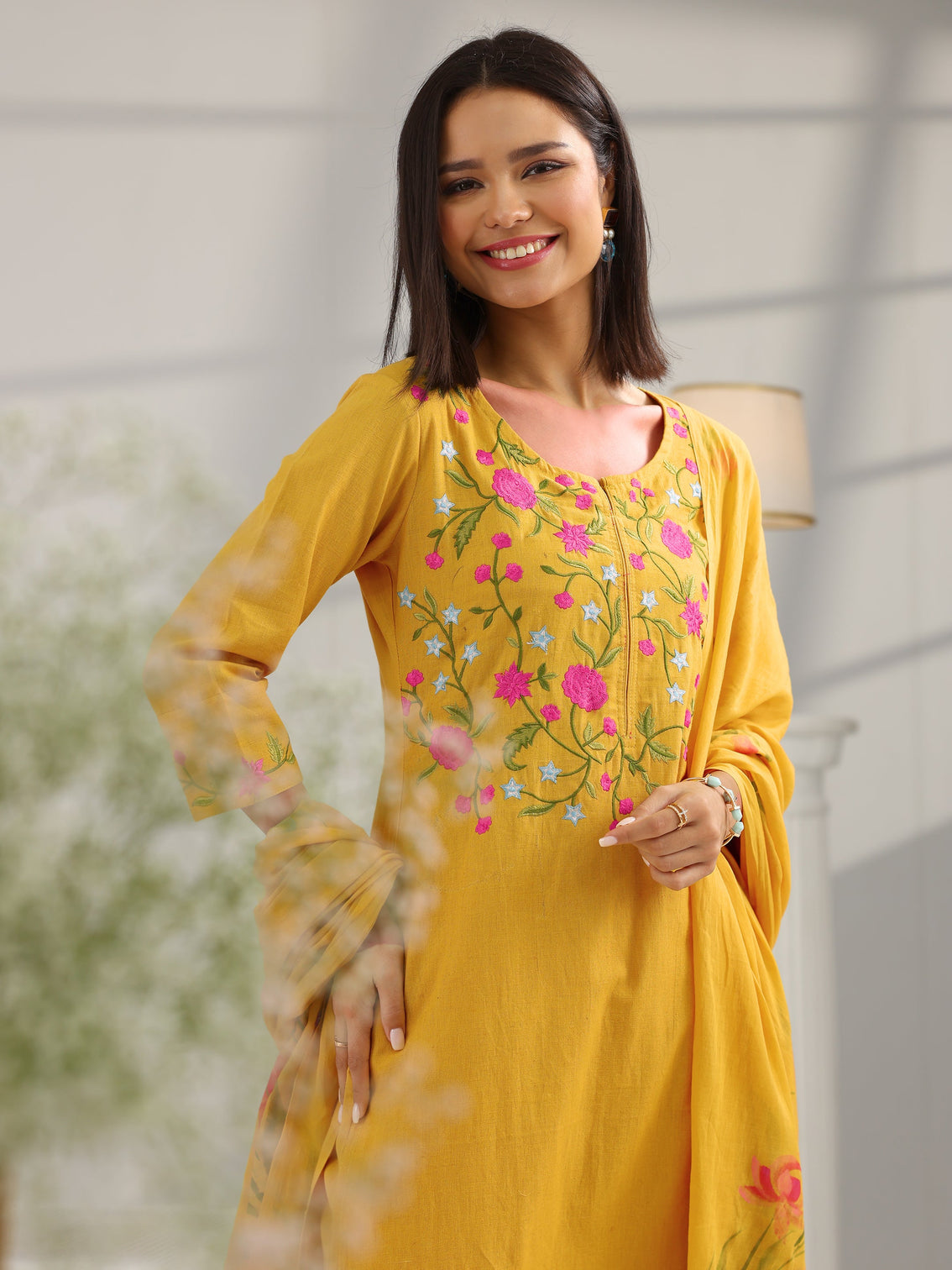 Mameraa Mustard Yoke Design Cotton Straight Suit Set With Dupatta