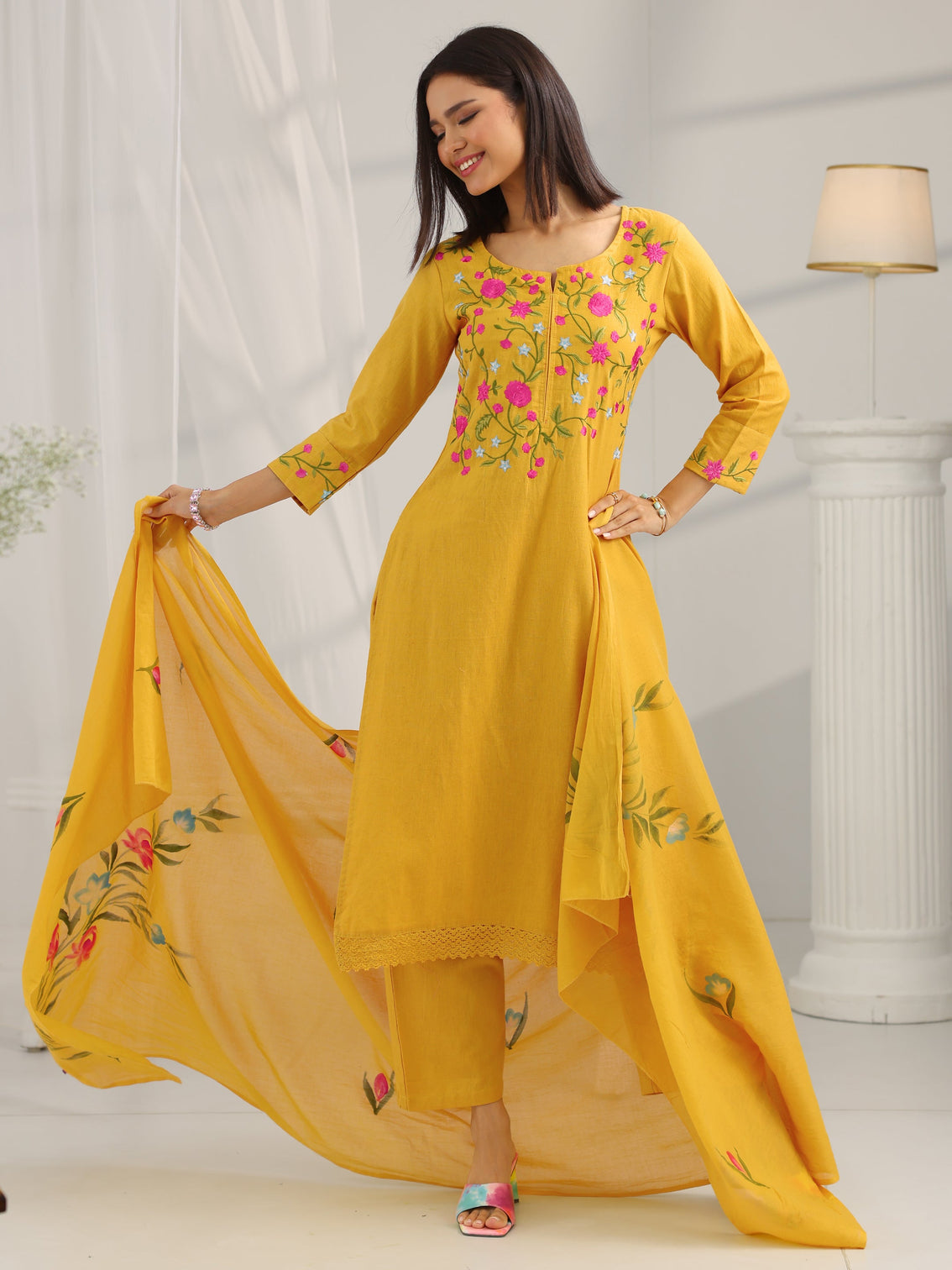 Mameraa Mustard Yoke Design Cotton Straight Suit Set With Dupatta